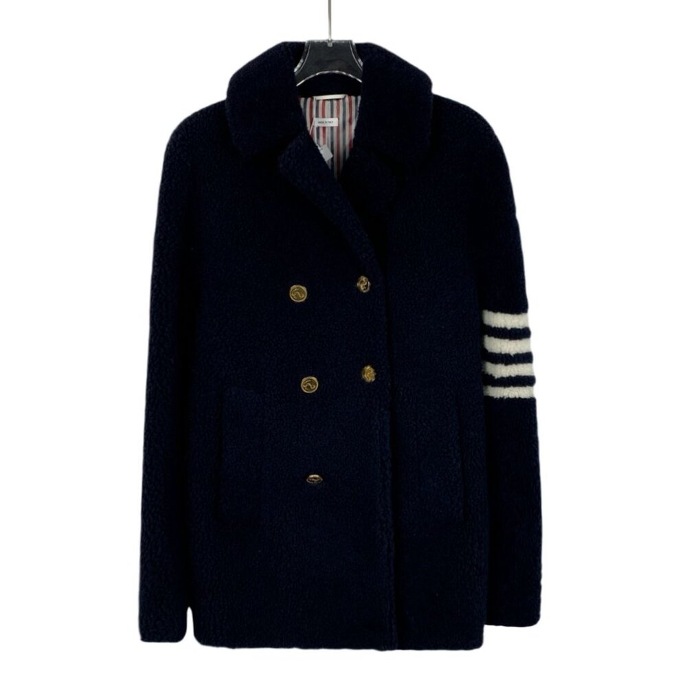 Thom Browne Deep Navy Classic Four-Stripe Collar Double-Breasted Coat